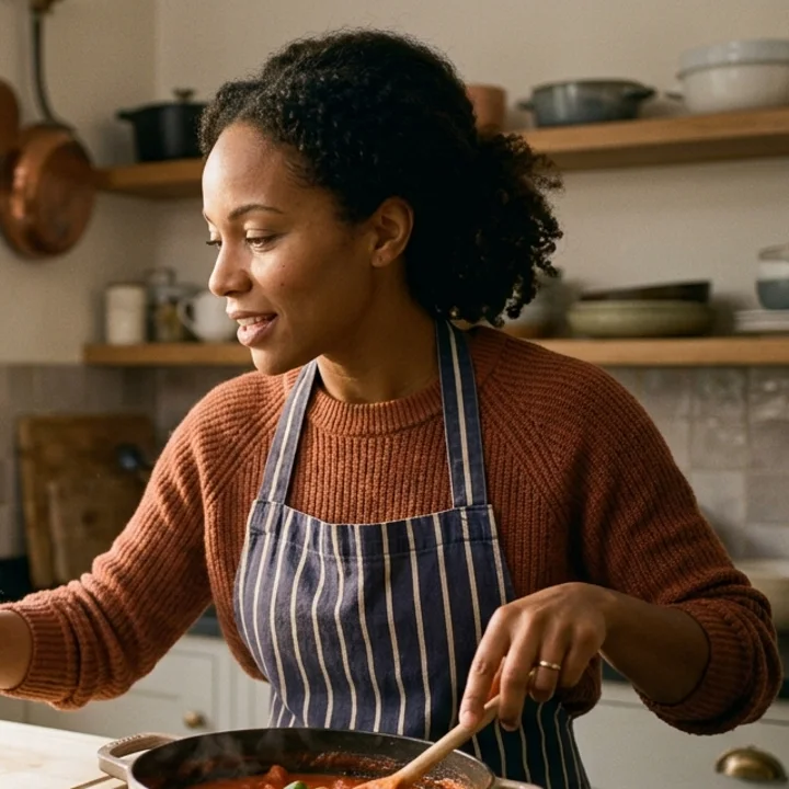 A woman cooking, talking while she stirs a pot