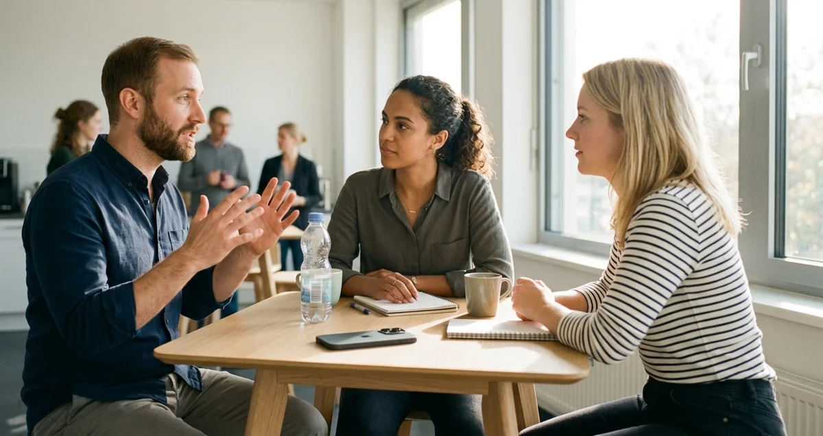 Three colleagues talking at a table with an iPhone lying between them