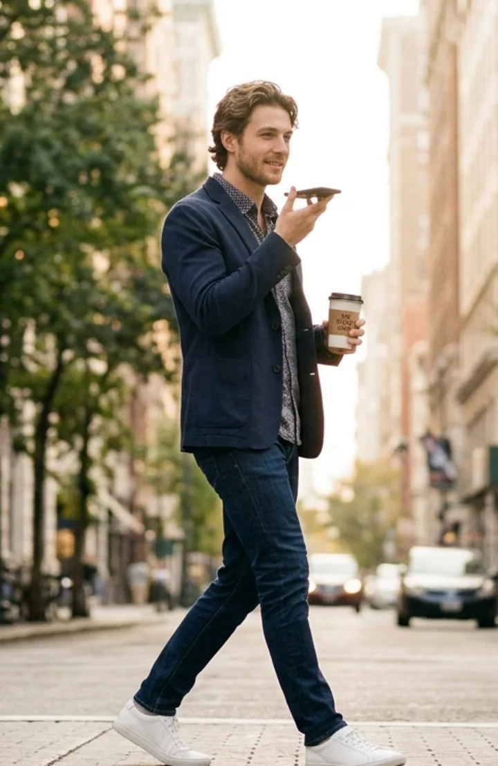 A man walking across a street, talking to his iPhone with a coffee in his other hand