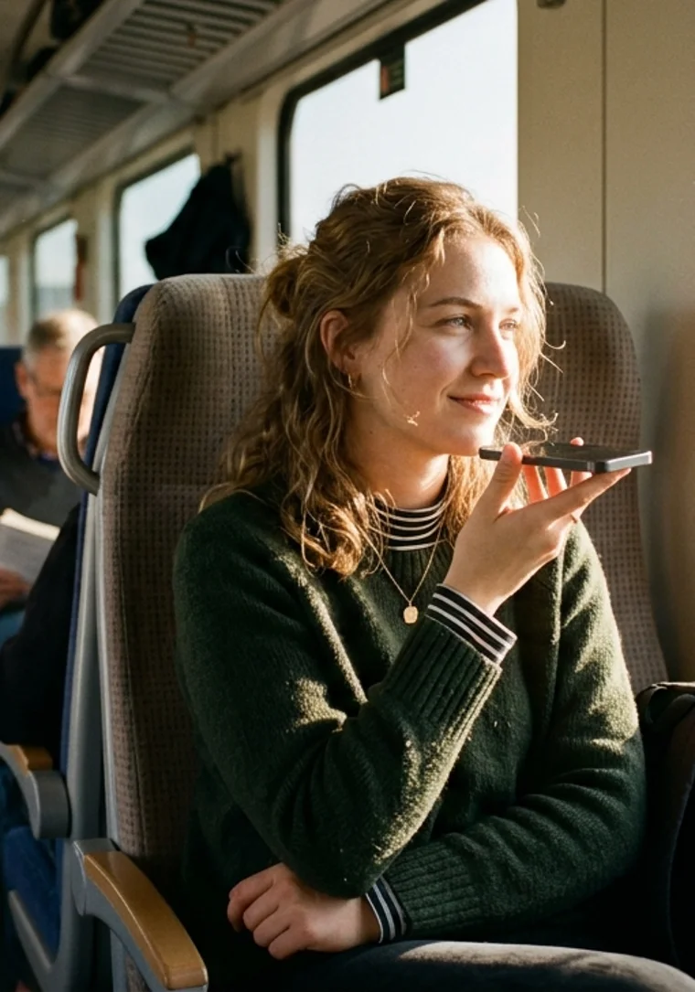 A woman on a train speaking quietly into her iPhone