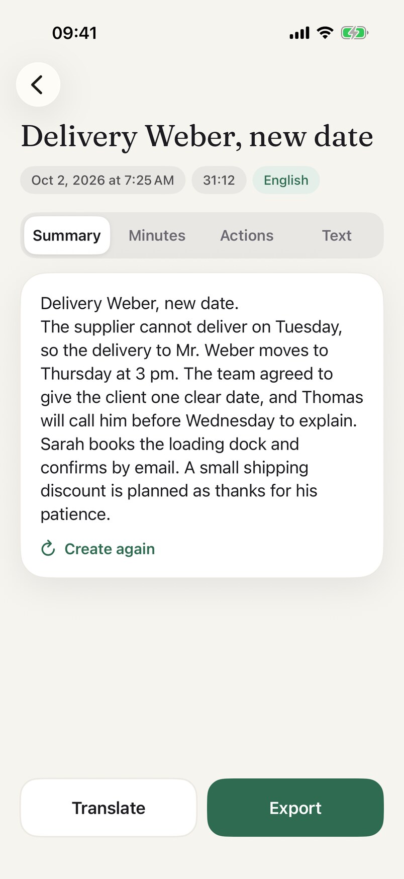 Flustr meeting summary screen with Summary, Minutes, Actions and Text tabs, and Translate and Export buttons